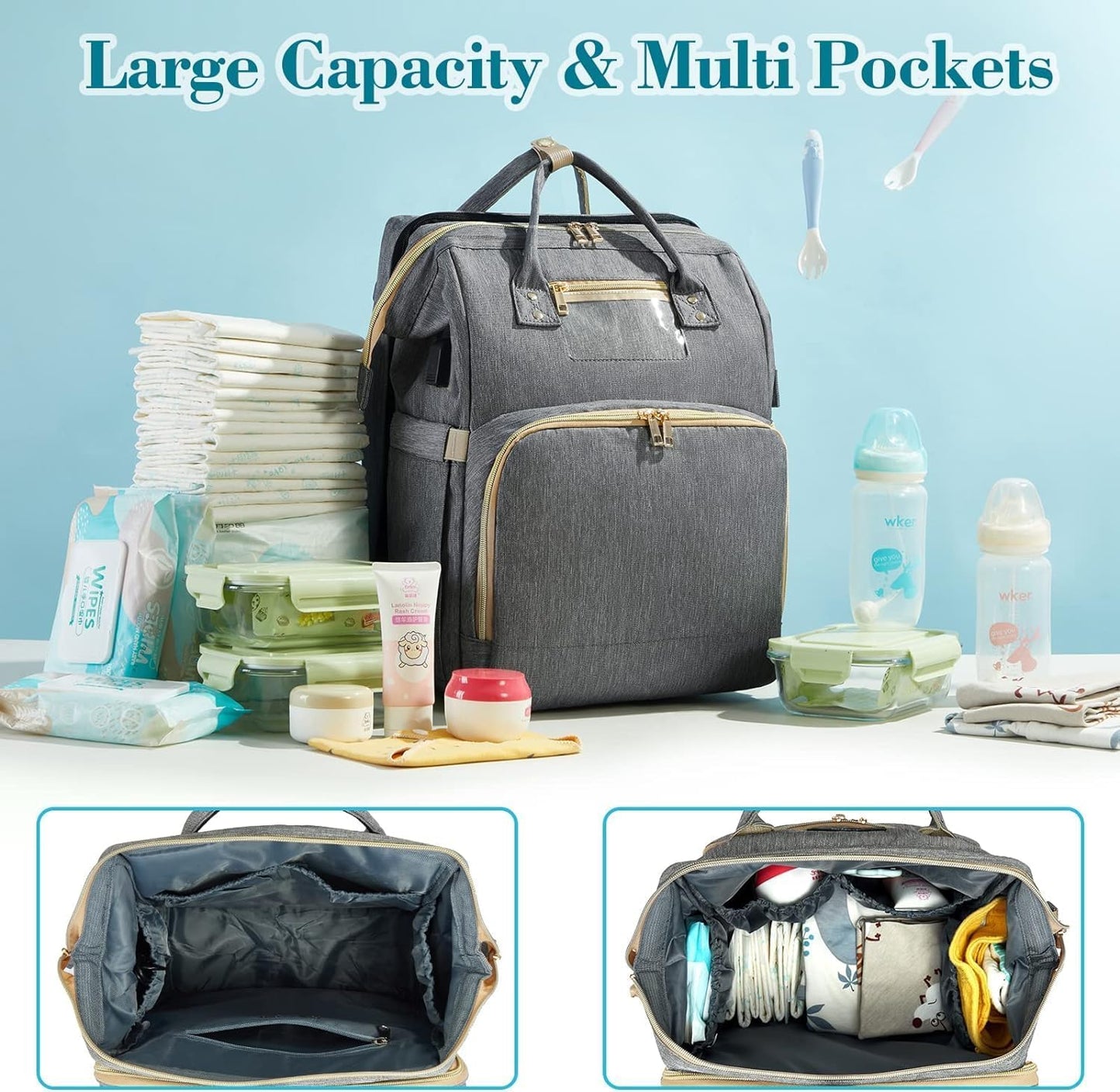 Grey color baby diaper backpack with bed