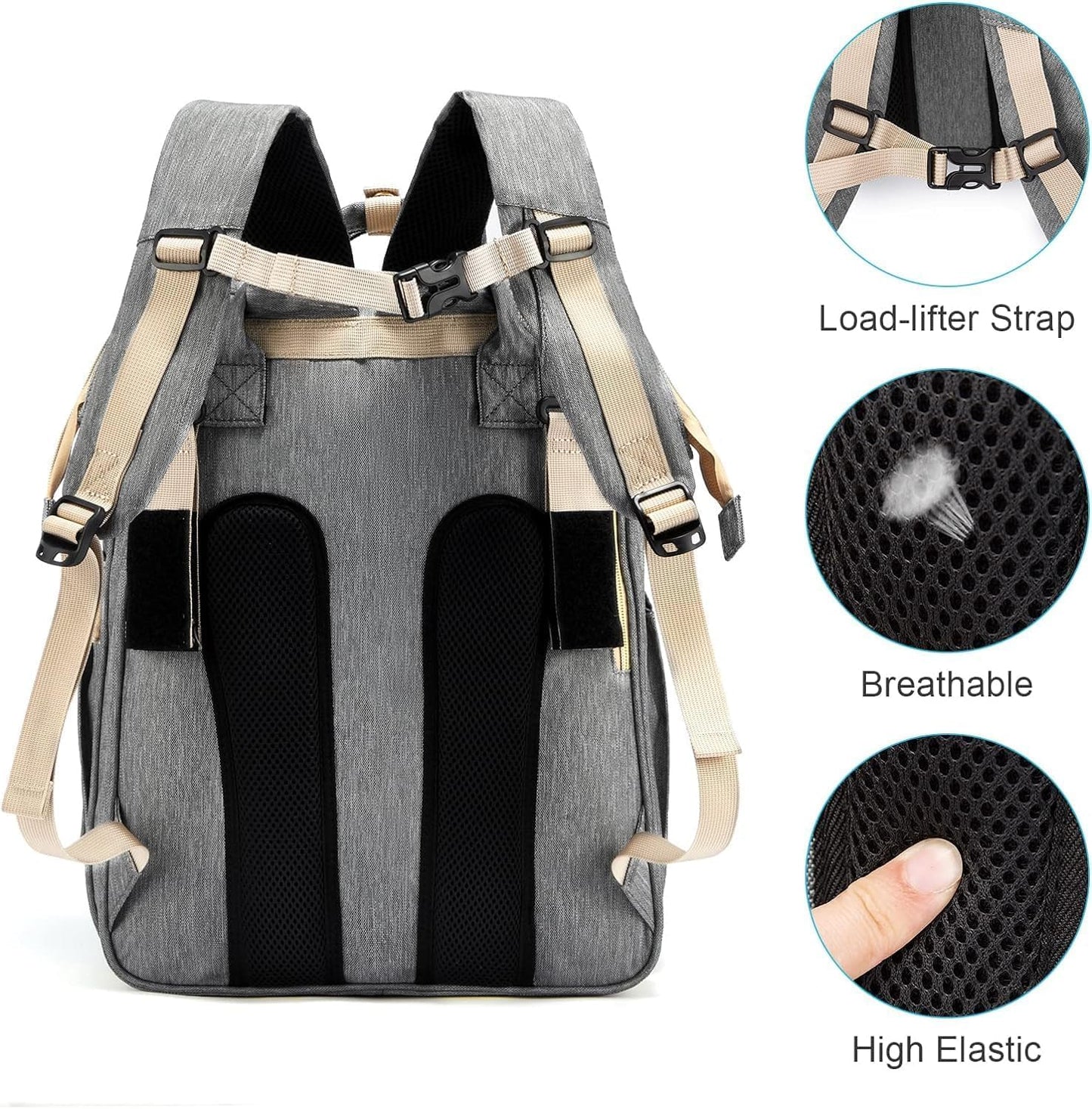 Grey color baby diaper backpack with bed