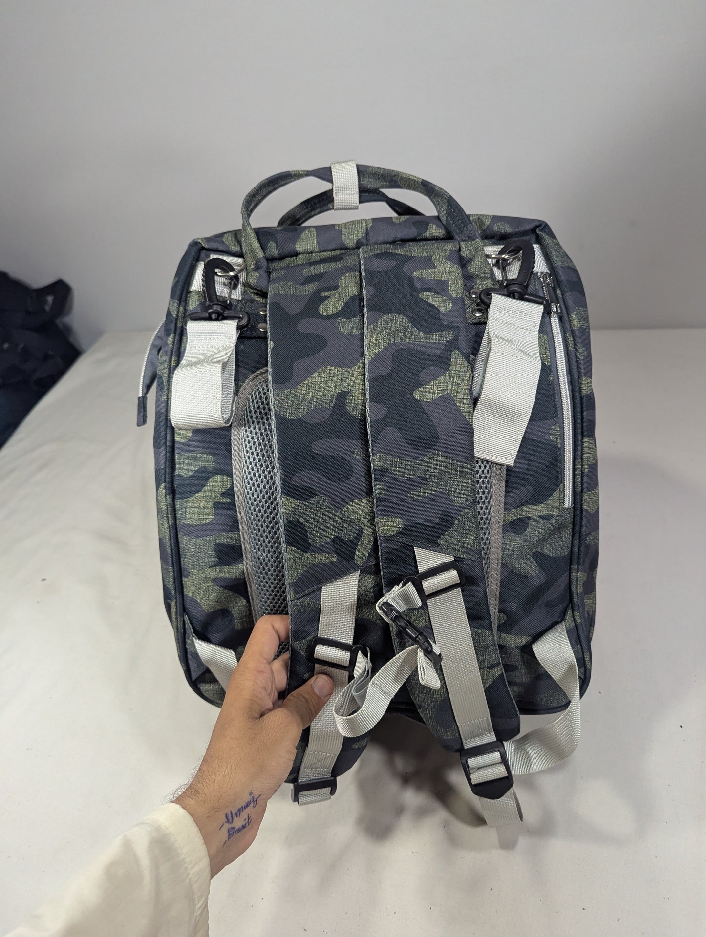 Camouflage baby diaper backpack with Baby bed