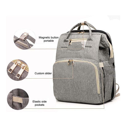 Grey color baby diaper backpack with bed