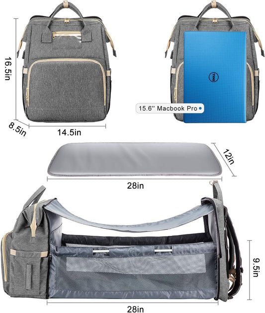 Grey color baby diaper backpack with bed