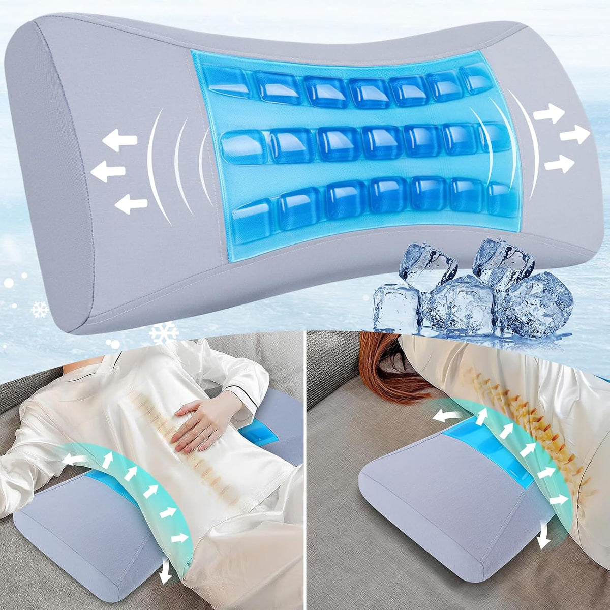 Gel Lumbar Pillow - Patented Ergonomic Multi-Region Firm Back Support