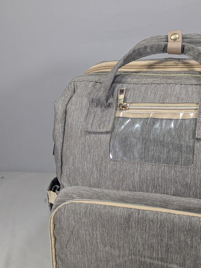 Grey color baby diaper backpack with bed