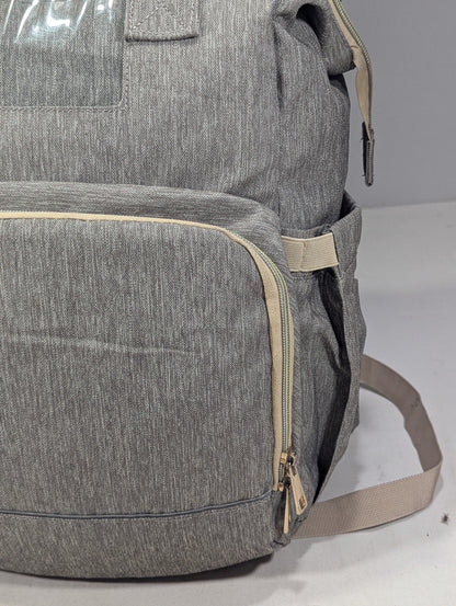 Grey color baby diaper backpack with bed