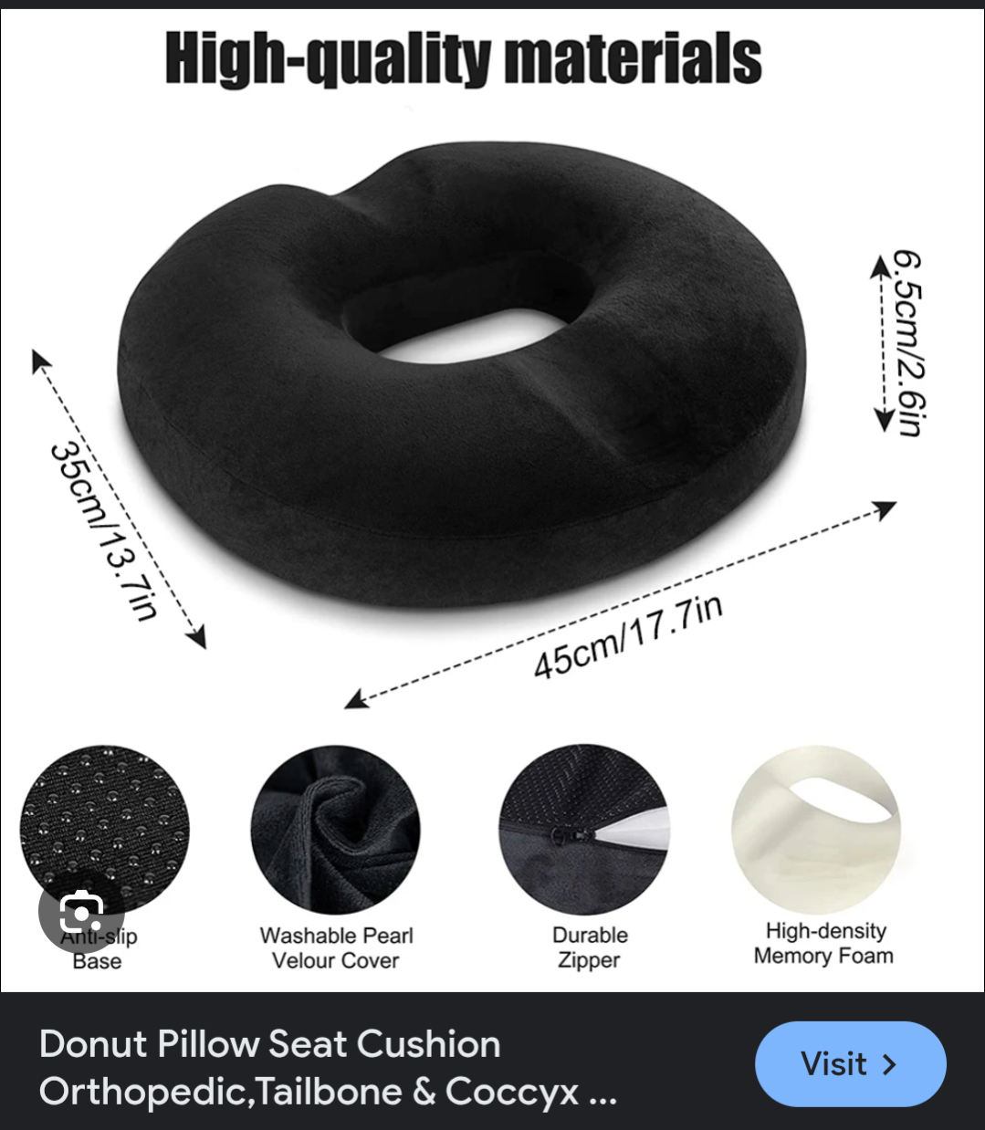 Orthopedic Ring Cushion Made from Memory Foam, Donut Cushion for Relief of Hemorrhoid's (Piles) and Coccyx